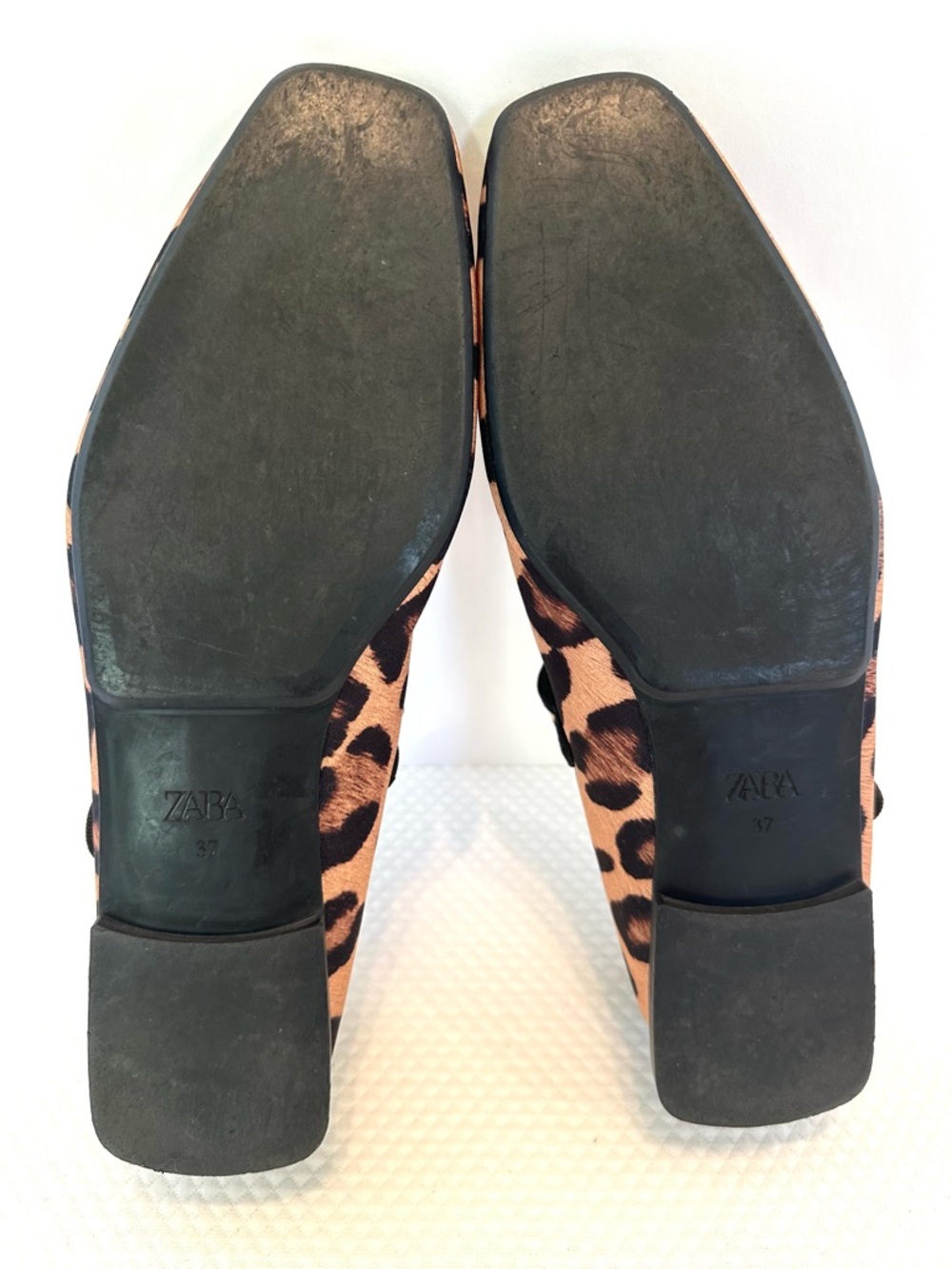 Zara Leopard-Print Mary Jane Ballet Flats in Tan & Black Gold Buckle Satin Like - Picture 5 of 7